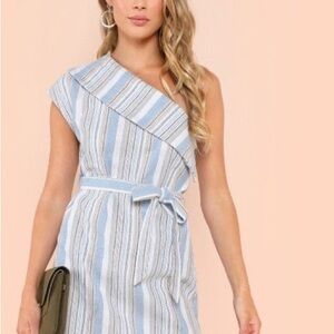SHEIN Blue and White One-Shoulder Dress